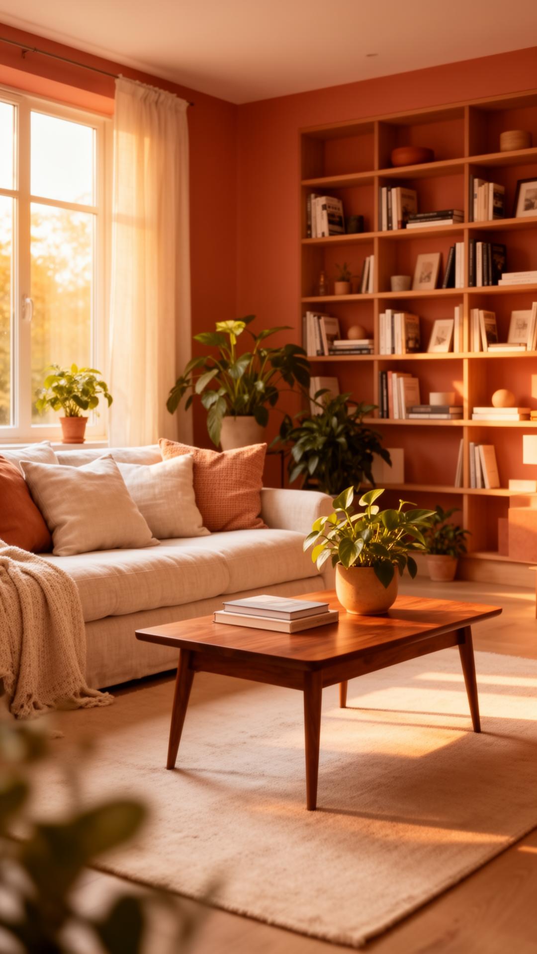 Warm modern living room with terracotta walls, linen sofa and natural light